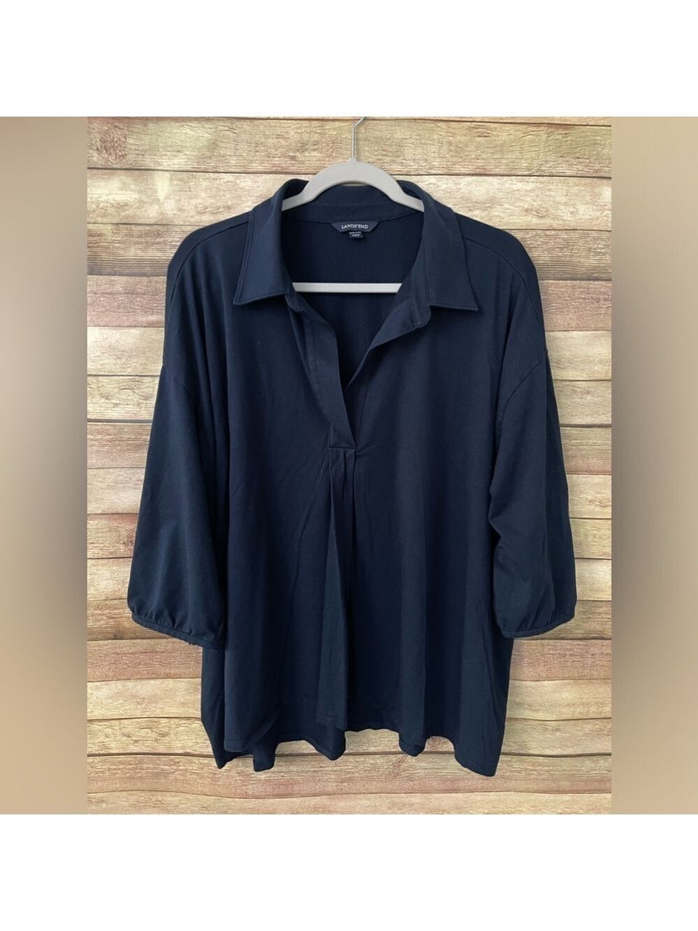Lands' End Women's V-Neck Top Shirt Navy 3/4 Sleeve Loose Fit Plus Size 24W-26W